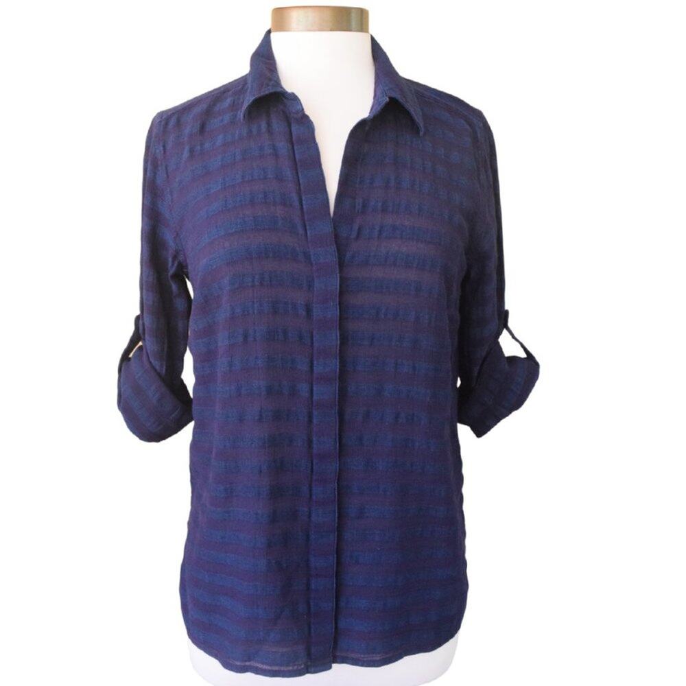 Tommy Bahama Blue Stripe Cotton Gauze Button Down Shirt Roll Tab Sleeve